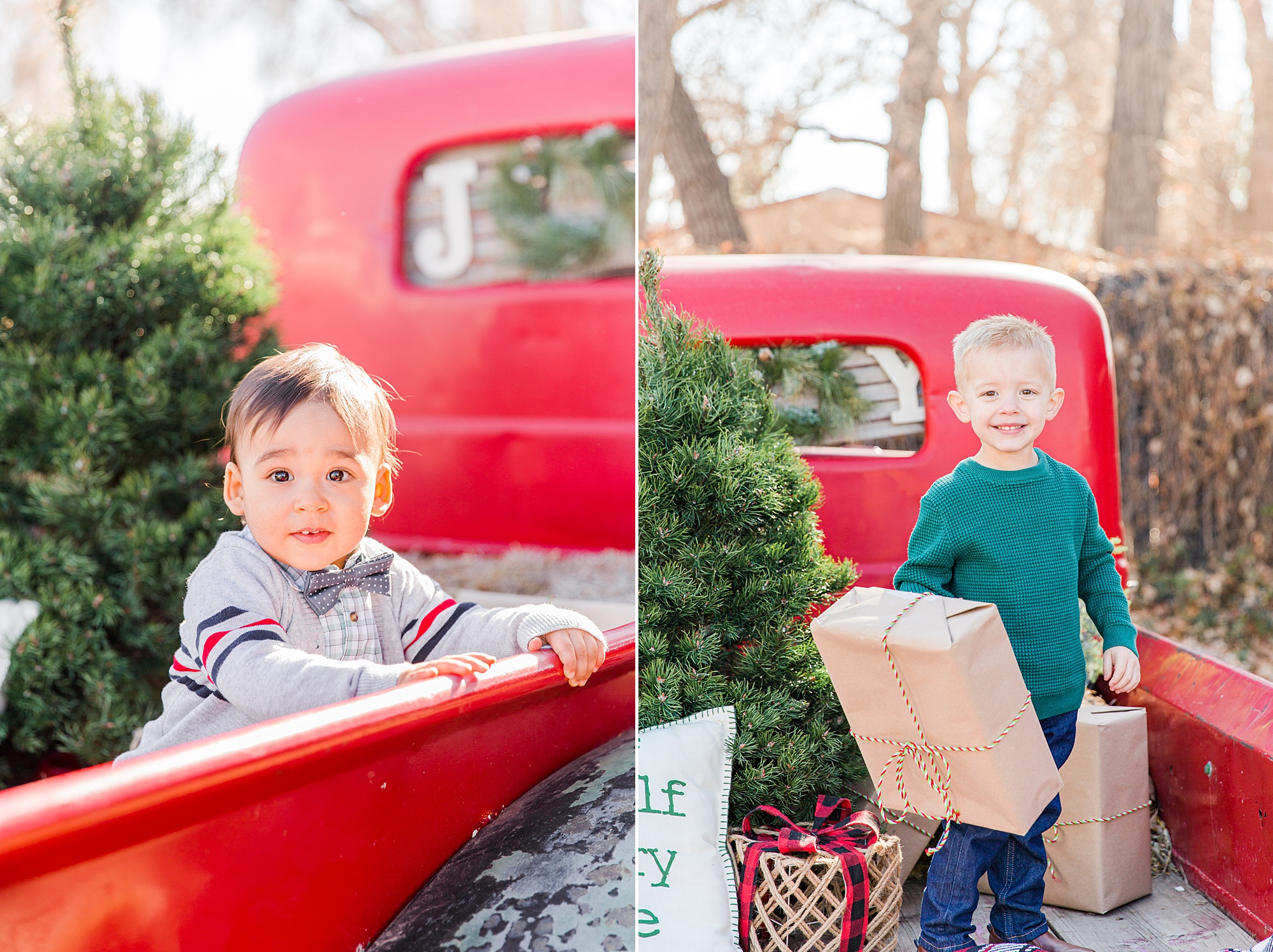 little boys in the back of red truck for christmas mini sessions