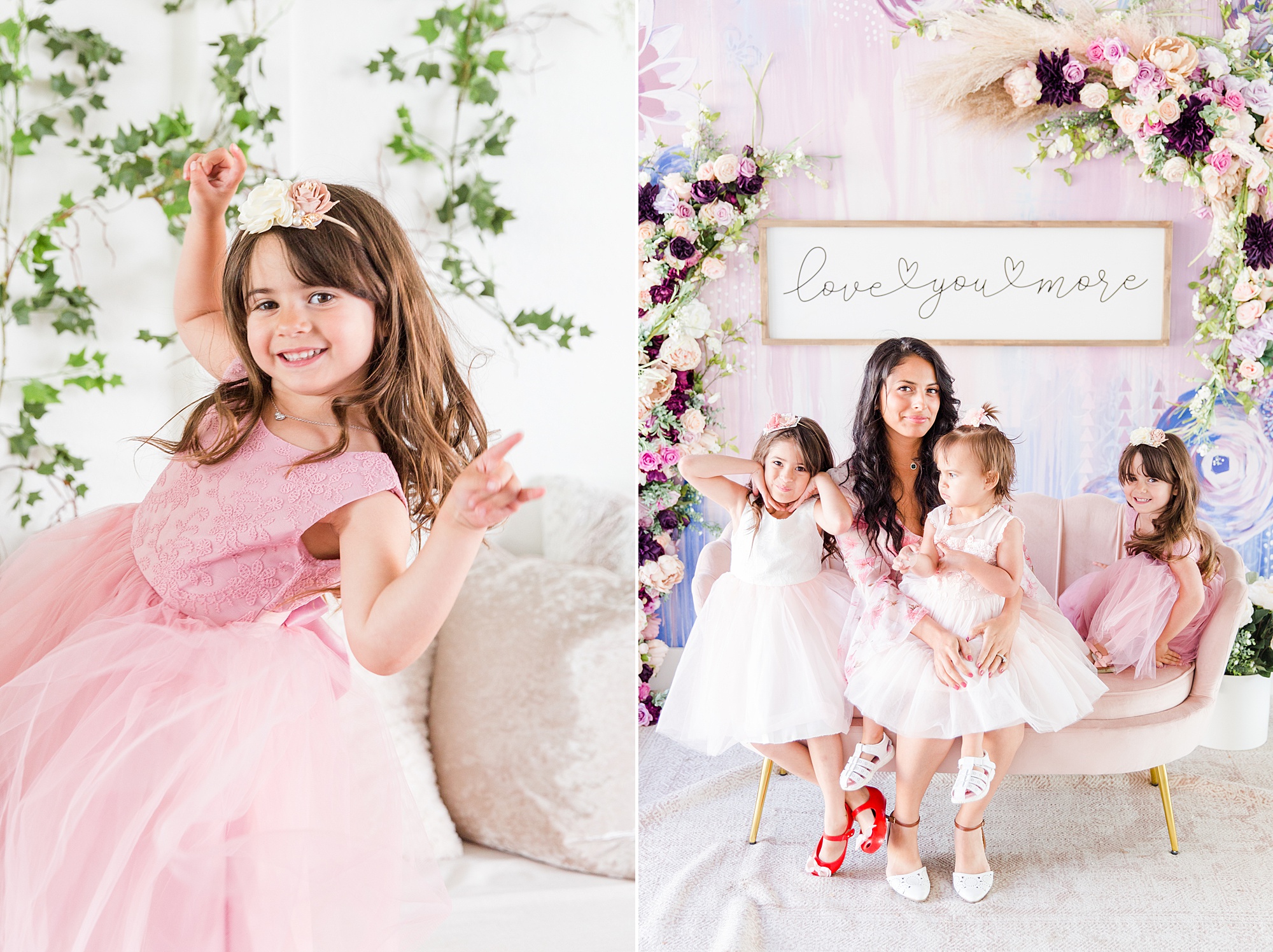 daughters dressed in pink pose with their mom during mommy and me minis