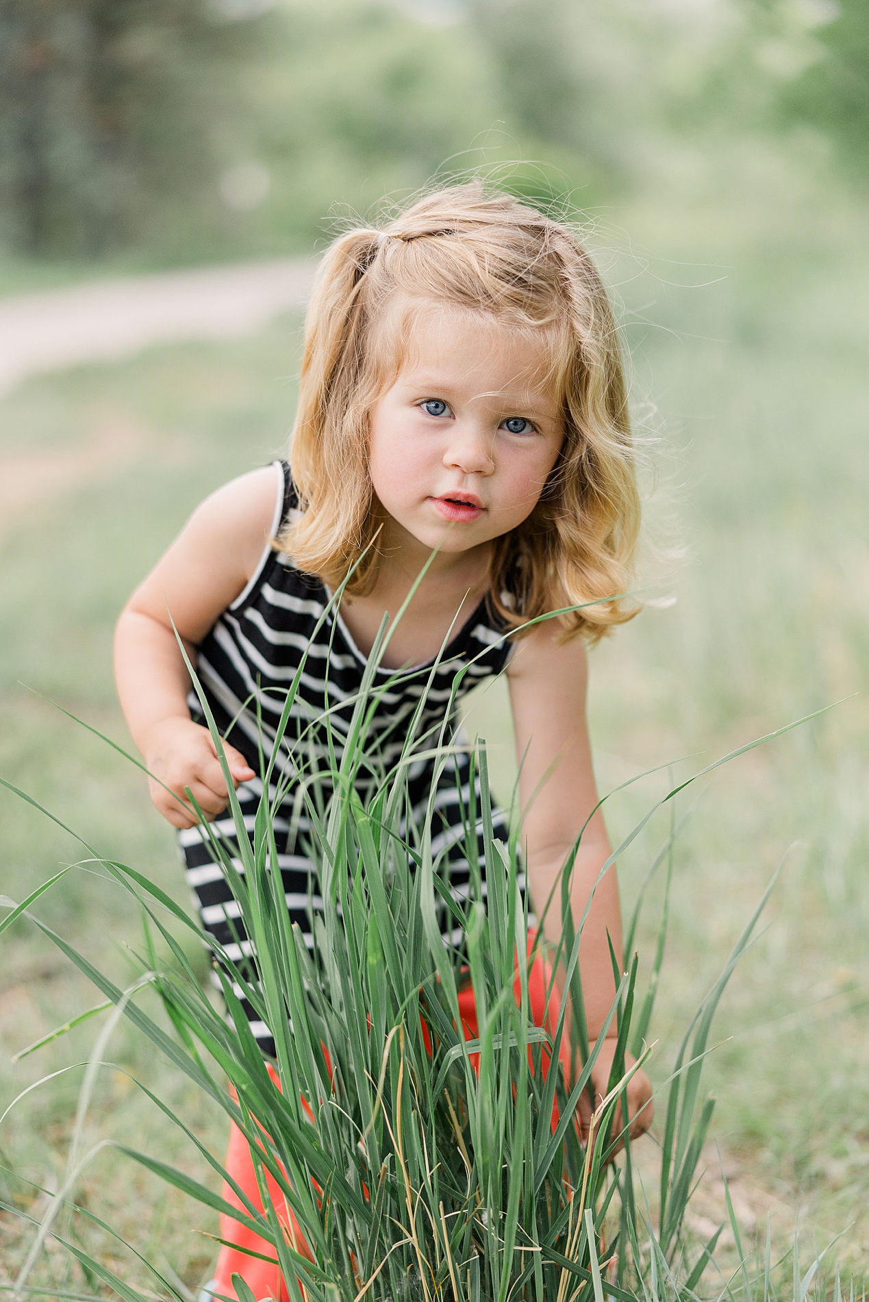 little girl in striped dress in tall grass