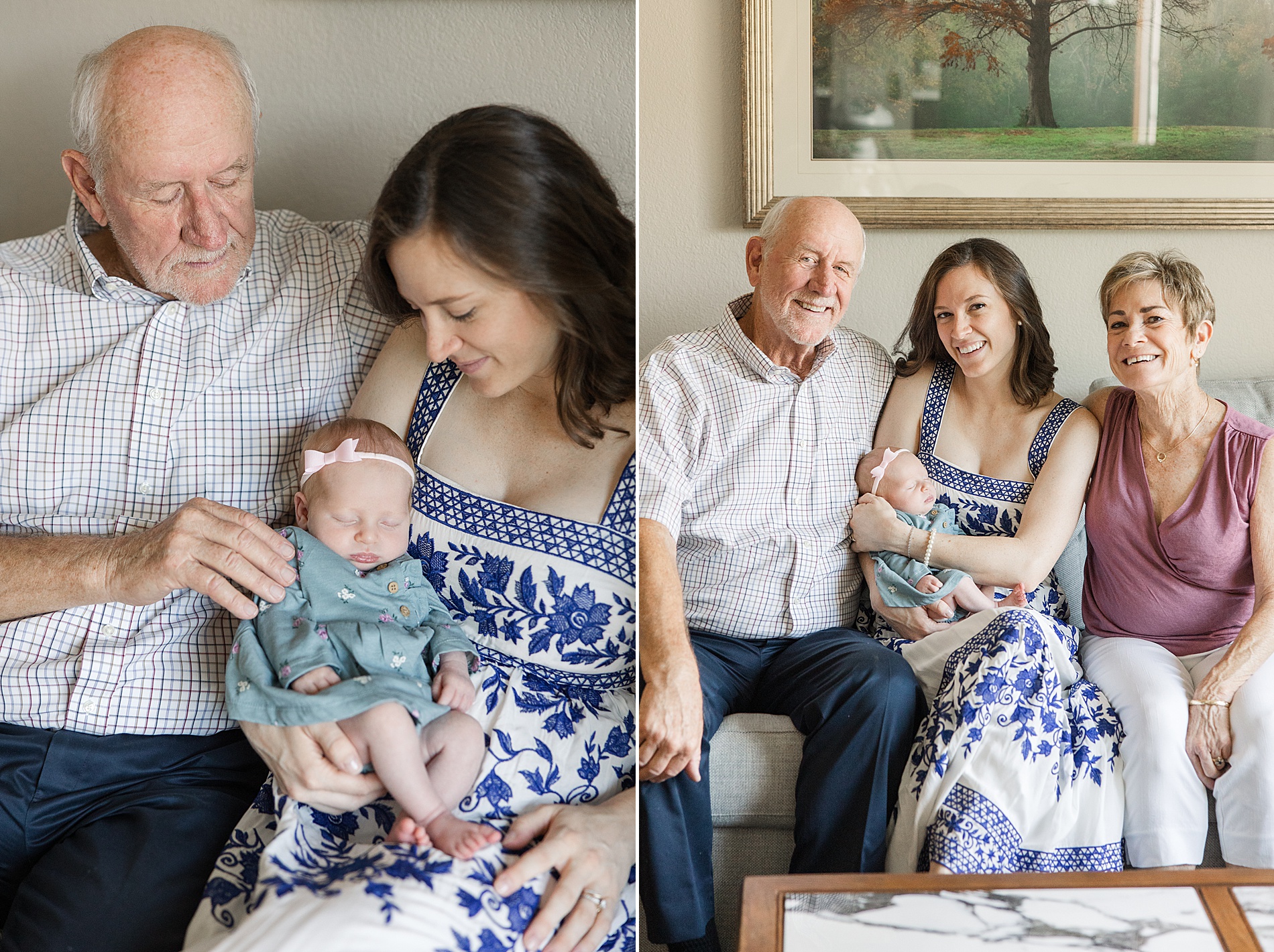 grandparents of newborn and mom holding newborn girl during In-home Family Newborn Session in Longmont, CO