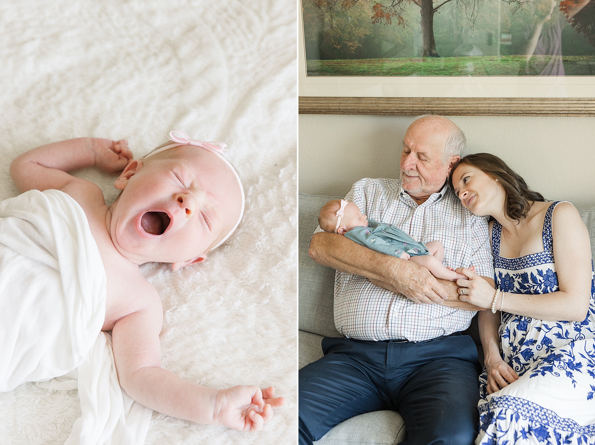 newborn girl yawns and is held by grandpa 