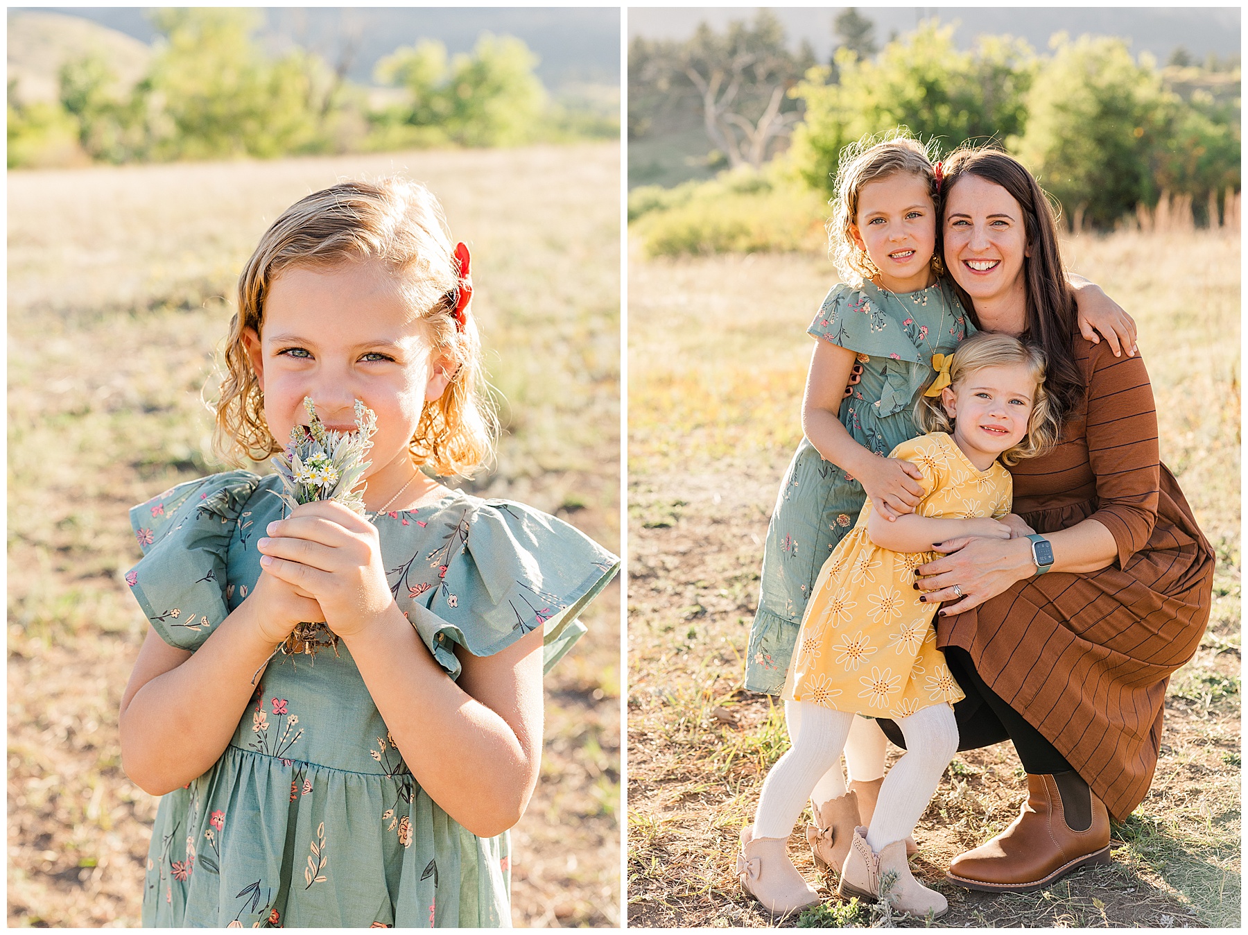 mom squats next to her two daughters dressed for fall mini family session