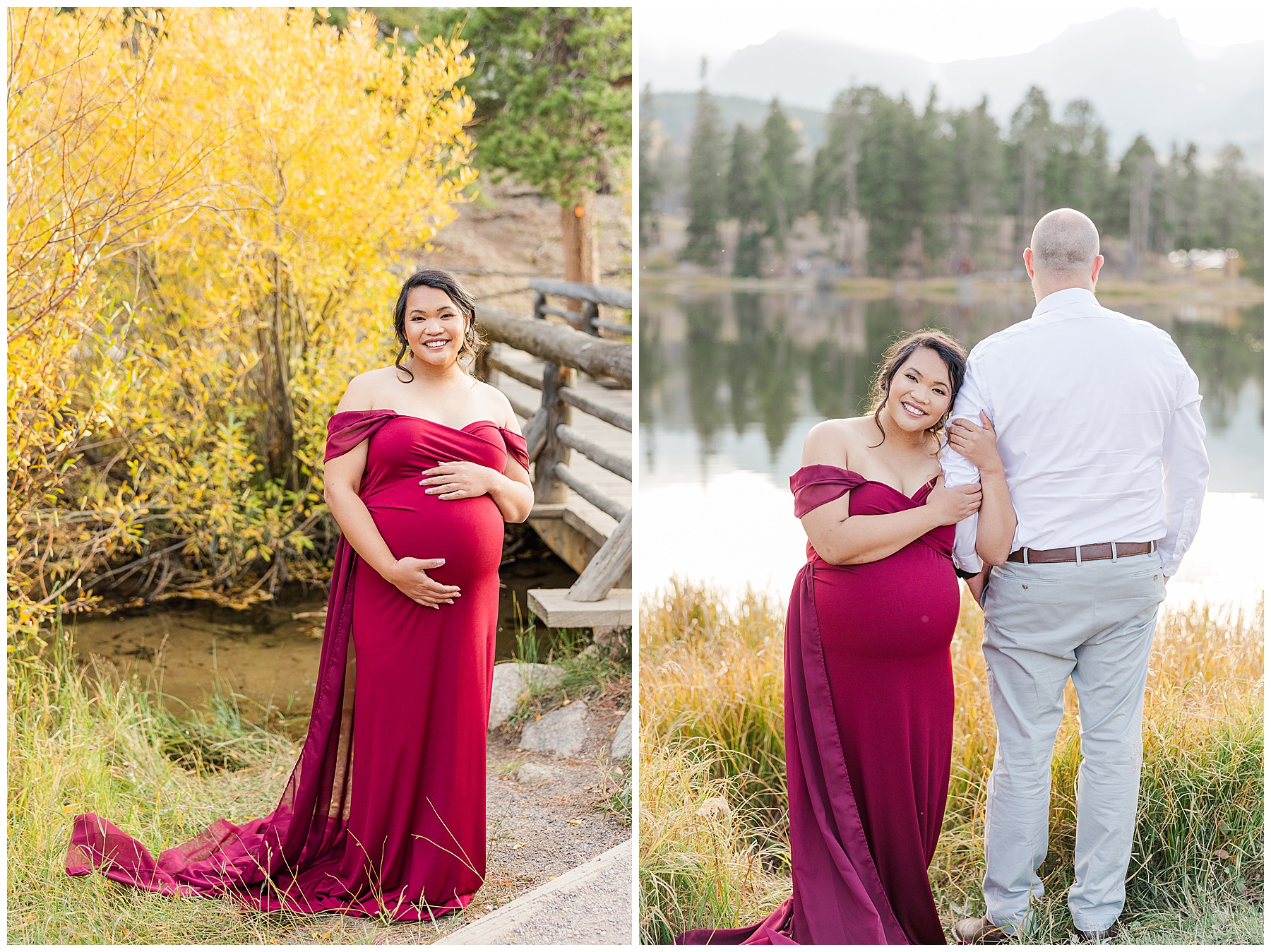 mom stands with hands on belly in front of yellow aspen tree light and airy photography