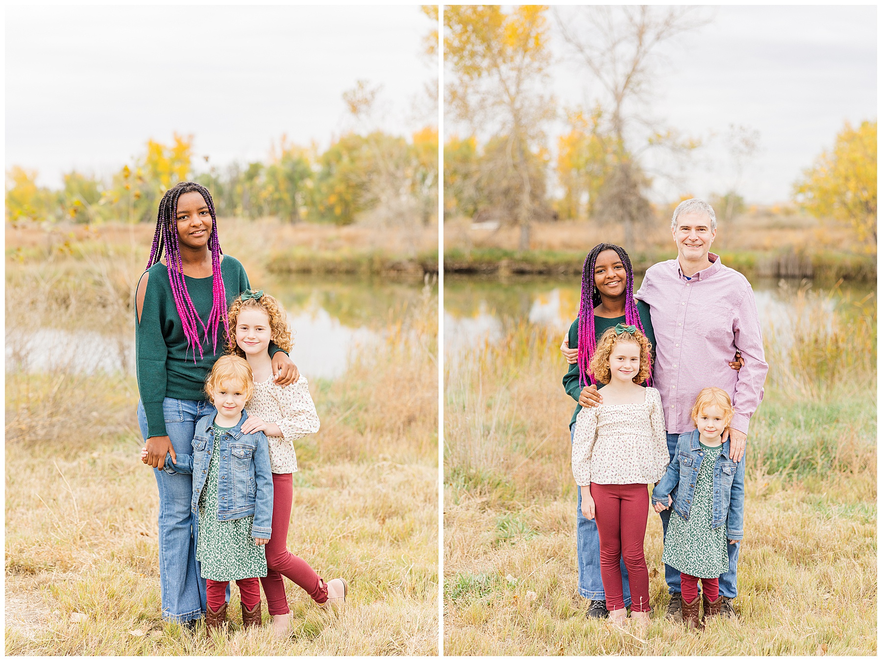family poses in front of a little pond and golden trees at Sandstone Ranch