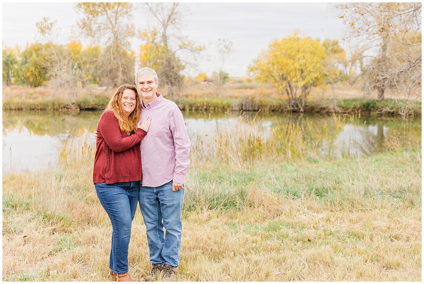 Longmont fall mini session with couple in front of a pond