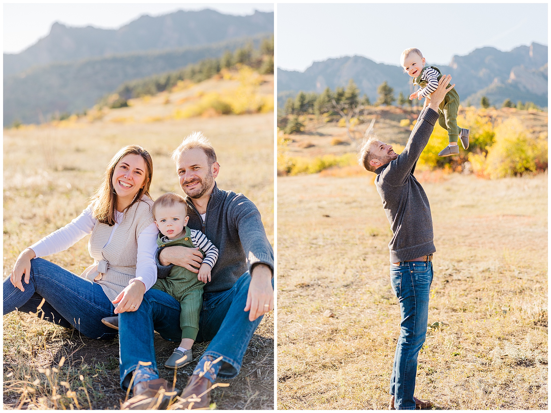 dad holds up his child in the air during family session