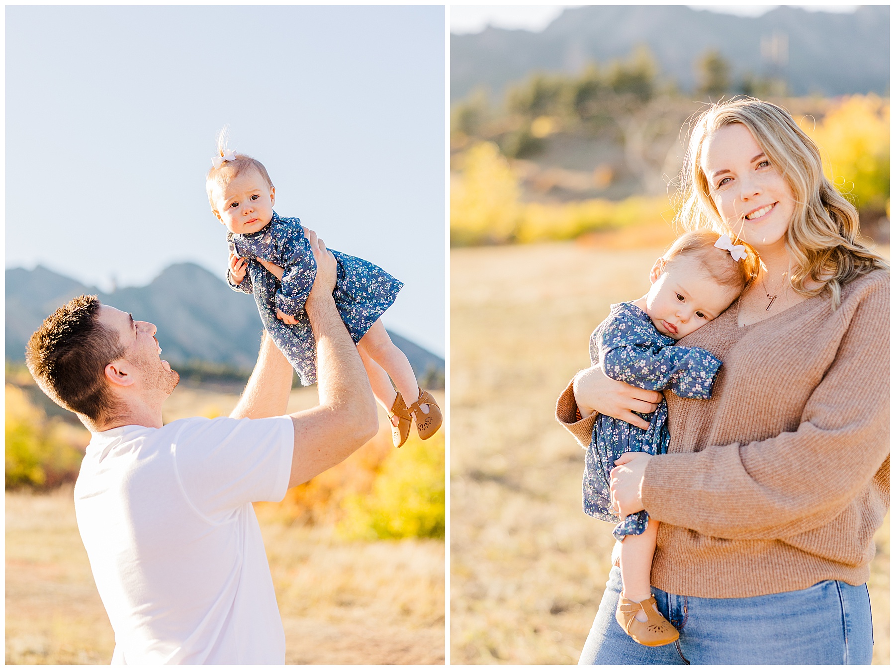 dad holds daughter up in the air as she looks at the camera during fall mini sessions at South Mesa
