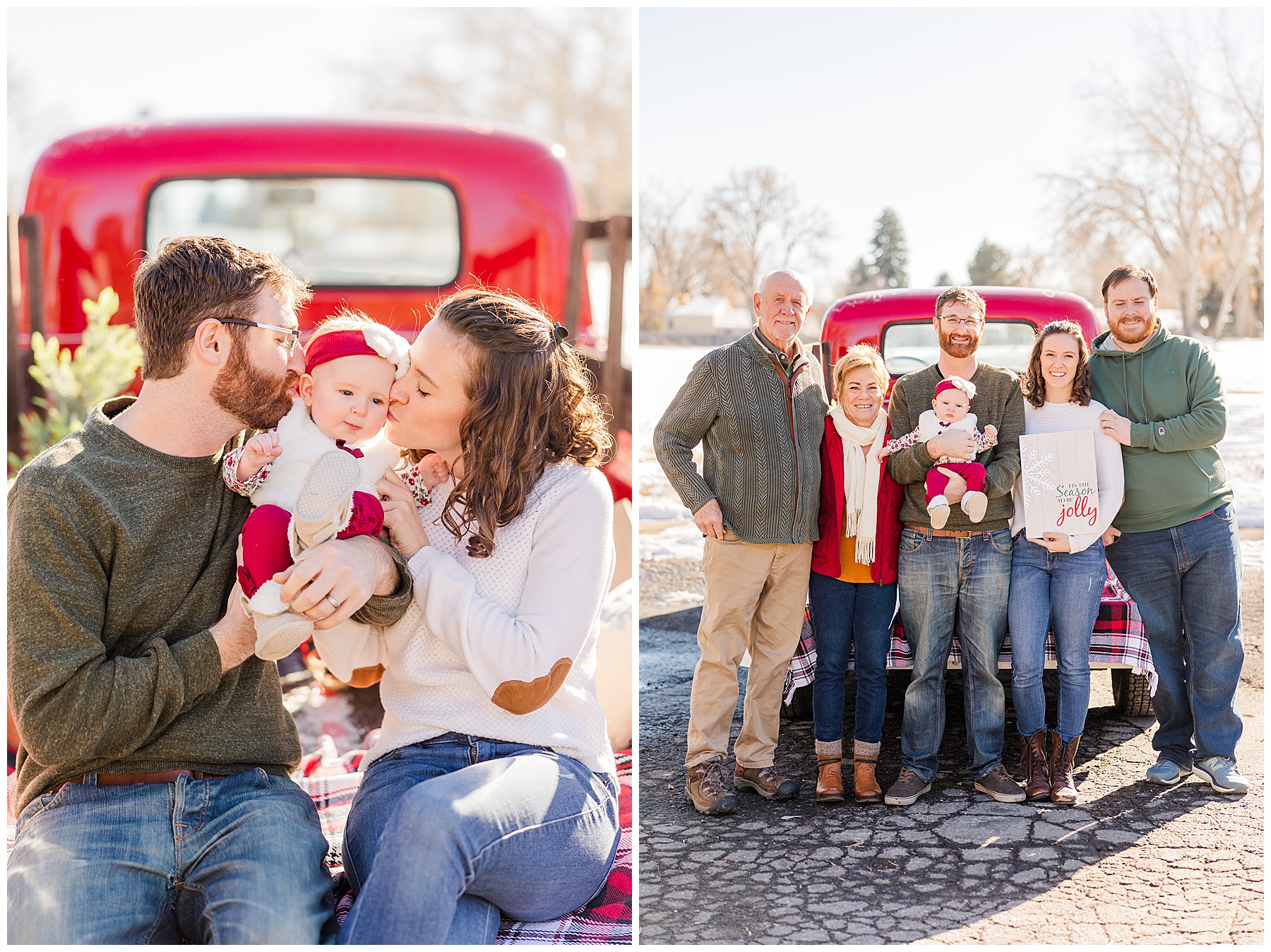 mom and dad kiss their baby during outdoor Christmas minis in Louisville, CO