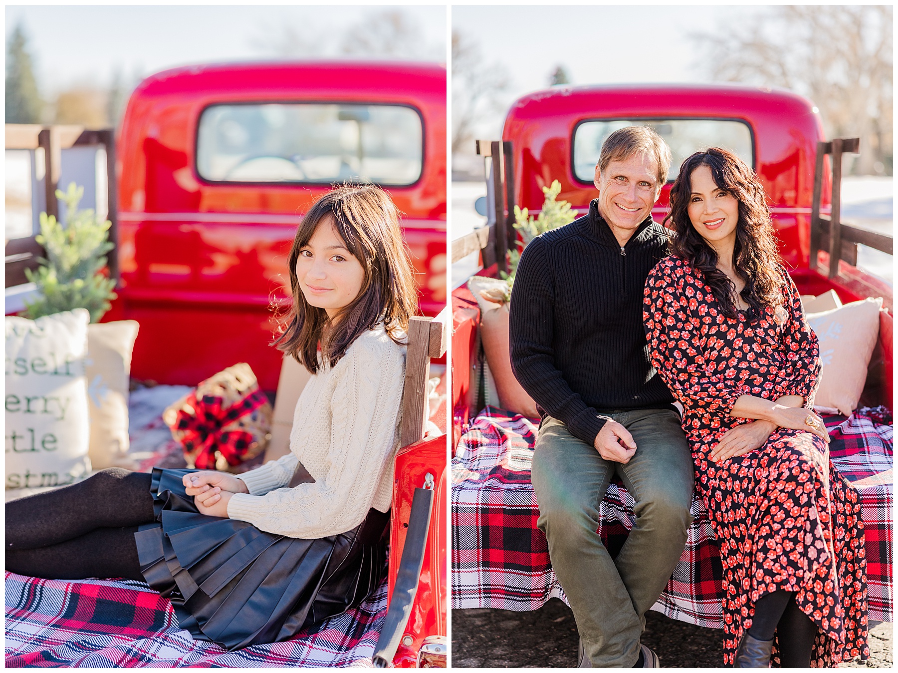 husband and wife snuggle during cozy outdoor Christmas mini session