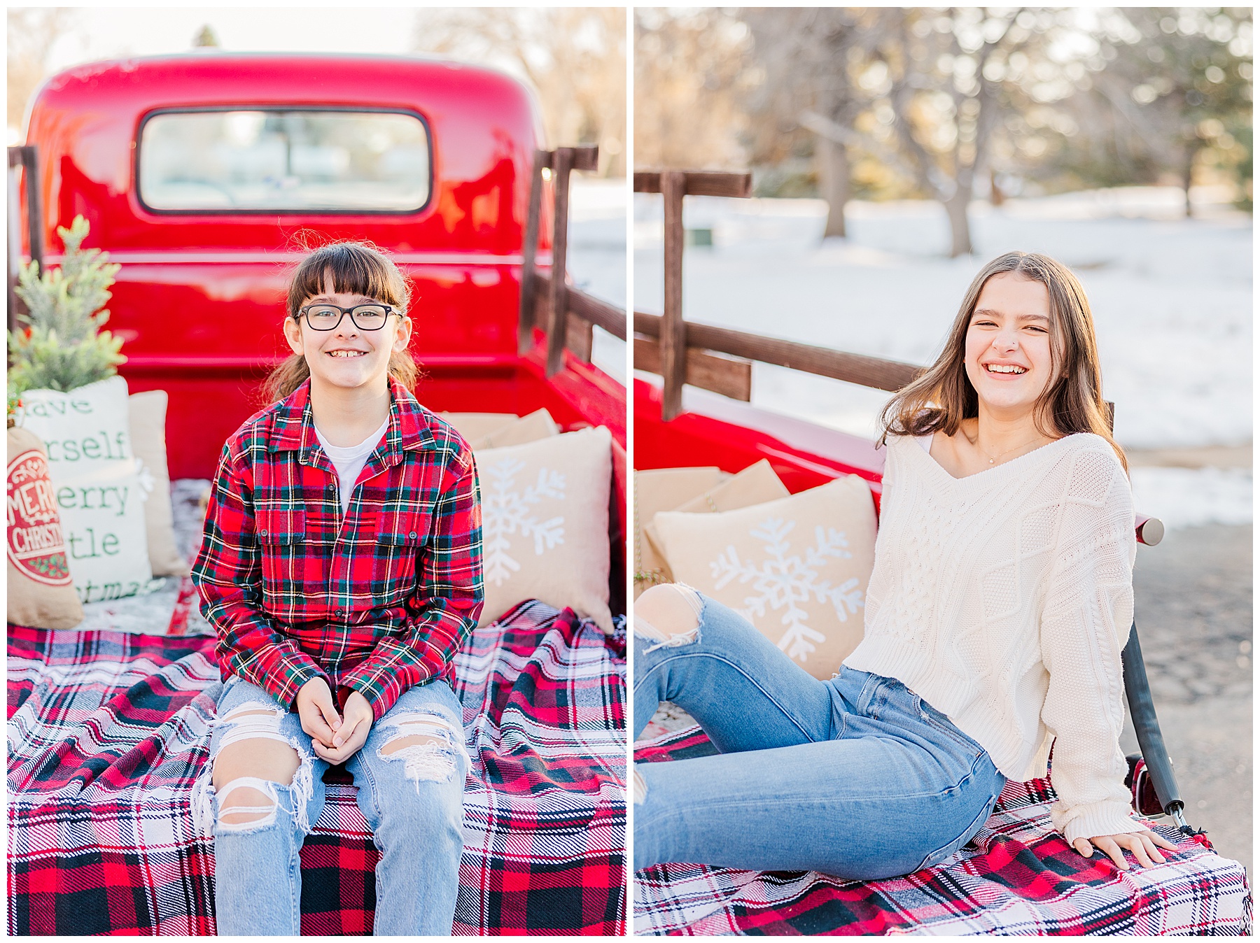 girl poses on red truck during Christmas minis in Louisville, Colorado with Catherine Chamberlain Photography