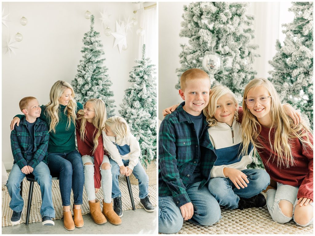 siblings sit together and pose for the camera in cozy studio session