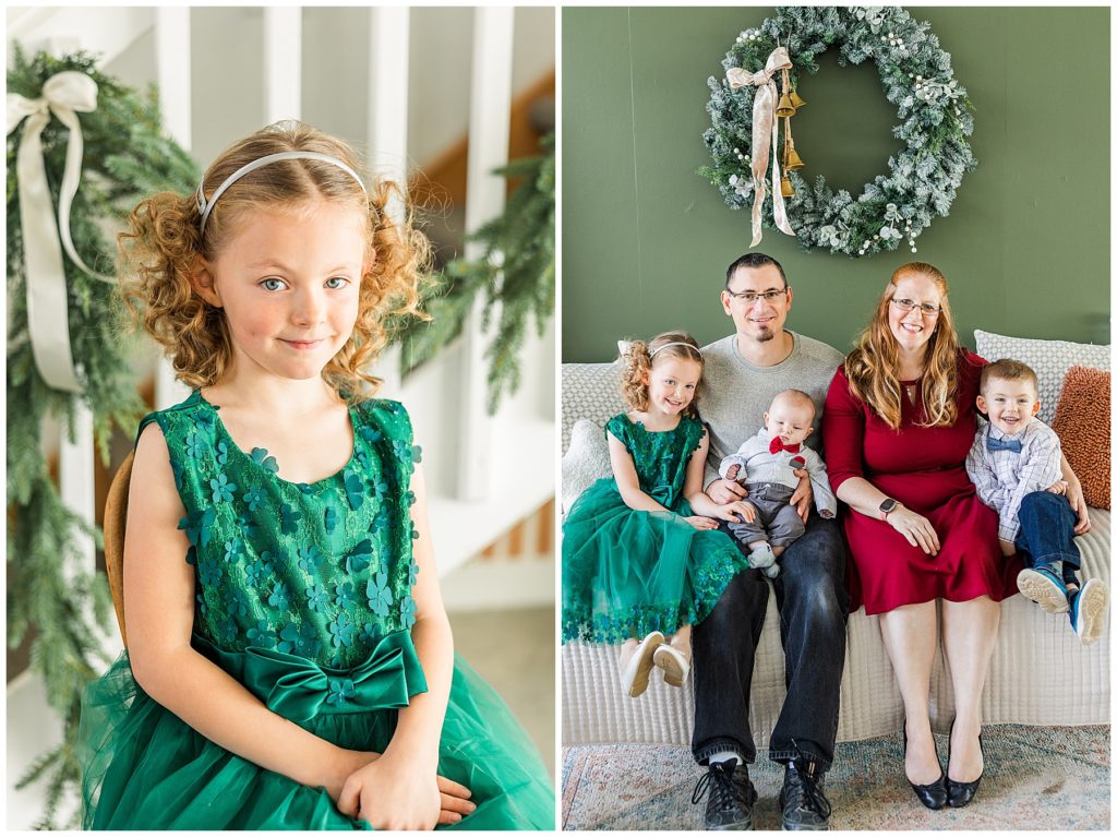 little girl in a green Christmas dress poses for Catherine Chamberlain family photographer