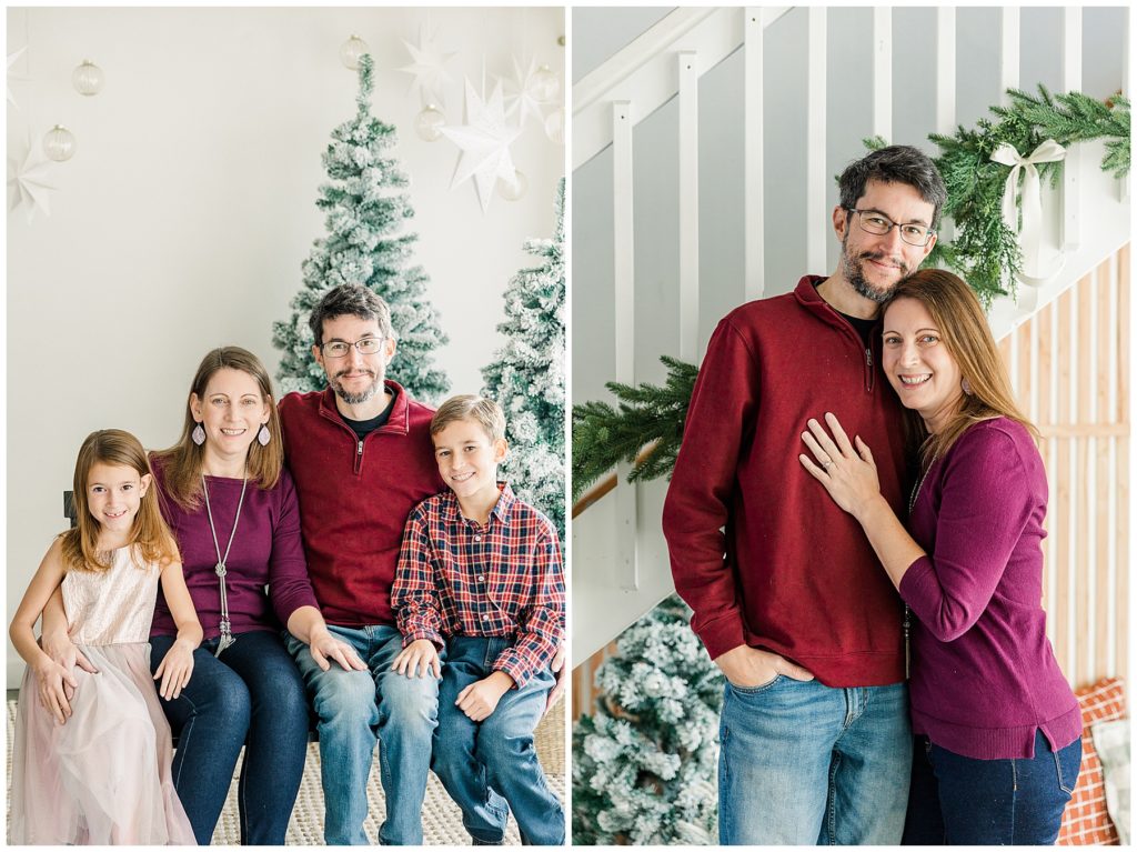 husband rests his chin on his wife's head as she rests her hand on his chest during Christmas photoshoot