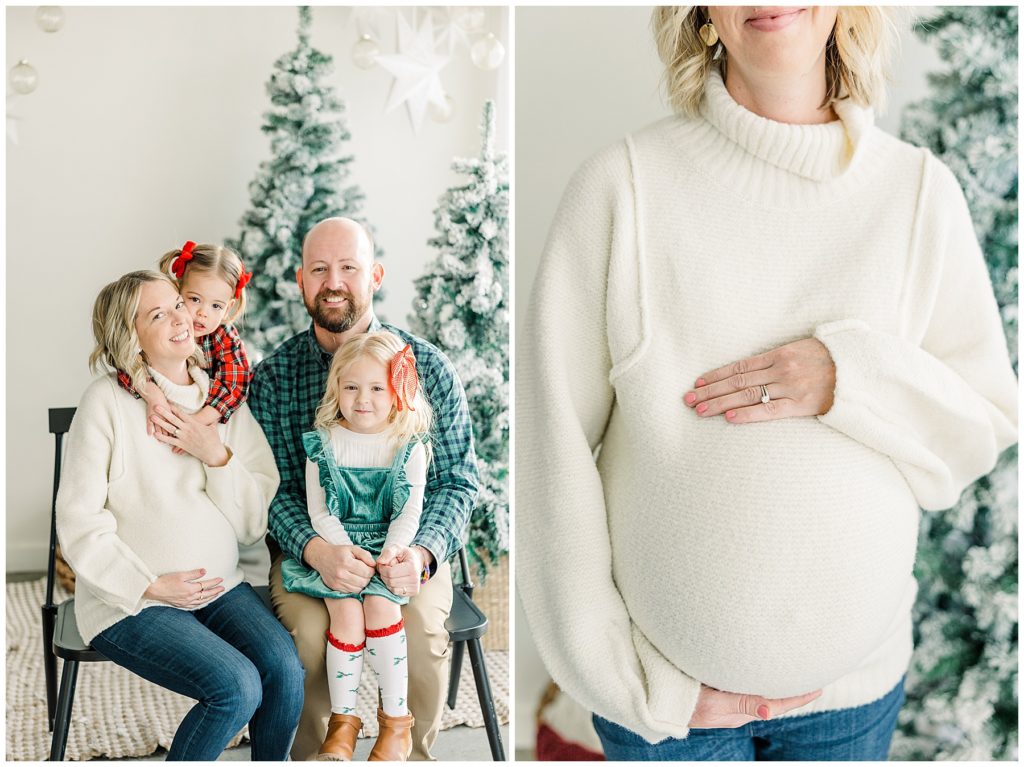 expecting mother poses with hands on her belly for holiday photos in Sugarhill studio 