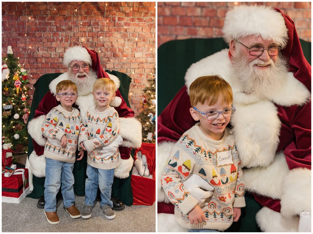 twin boys standing in front of Santa during Christmas photoshoot for Twins Club Winter Minis