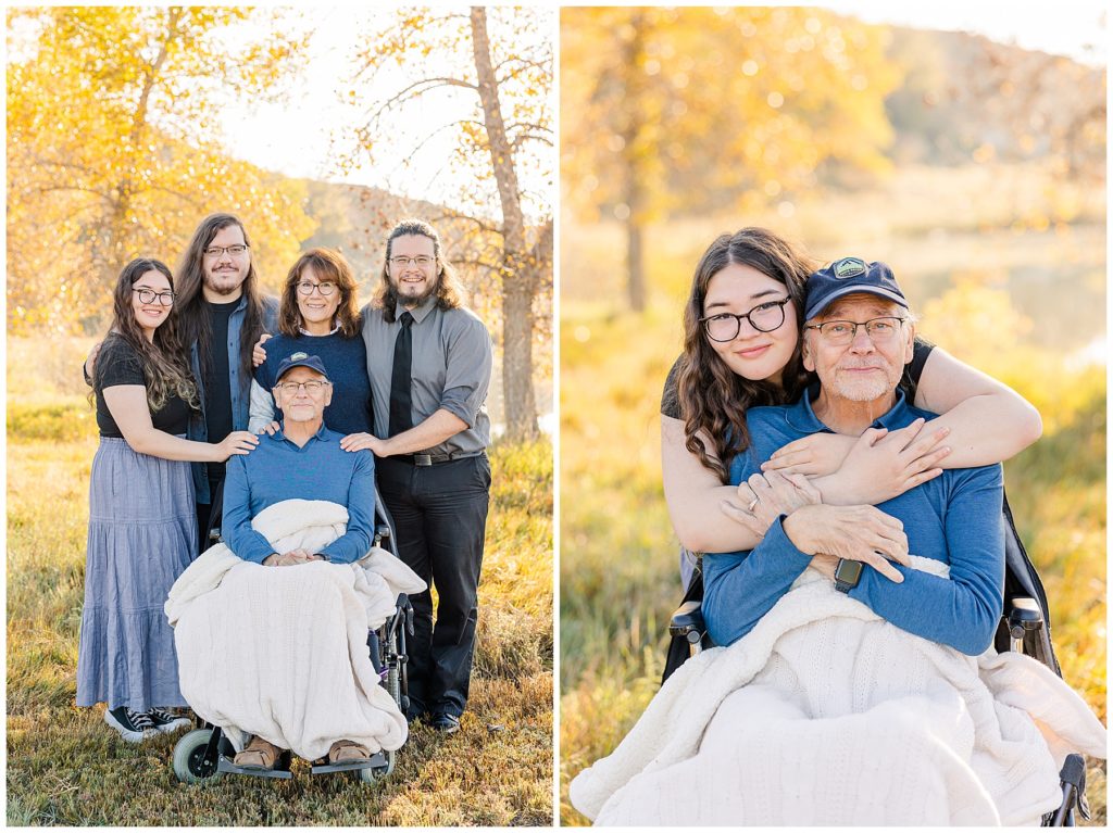 Daughter wraps her arms around her dad's neck during golden fall mini session