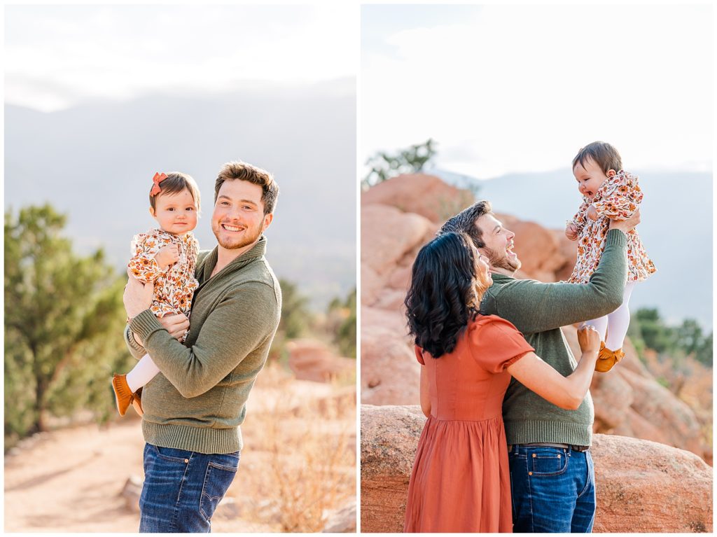 mother and father hold up baby daughter a fall family mini sessions