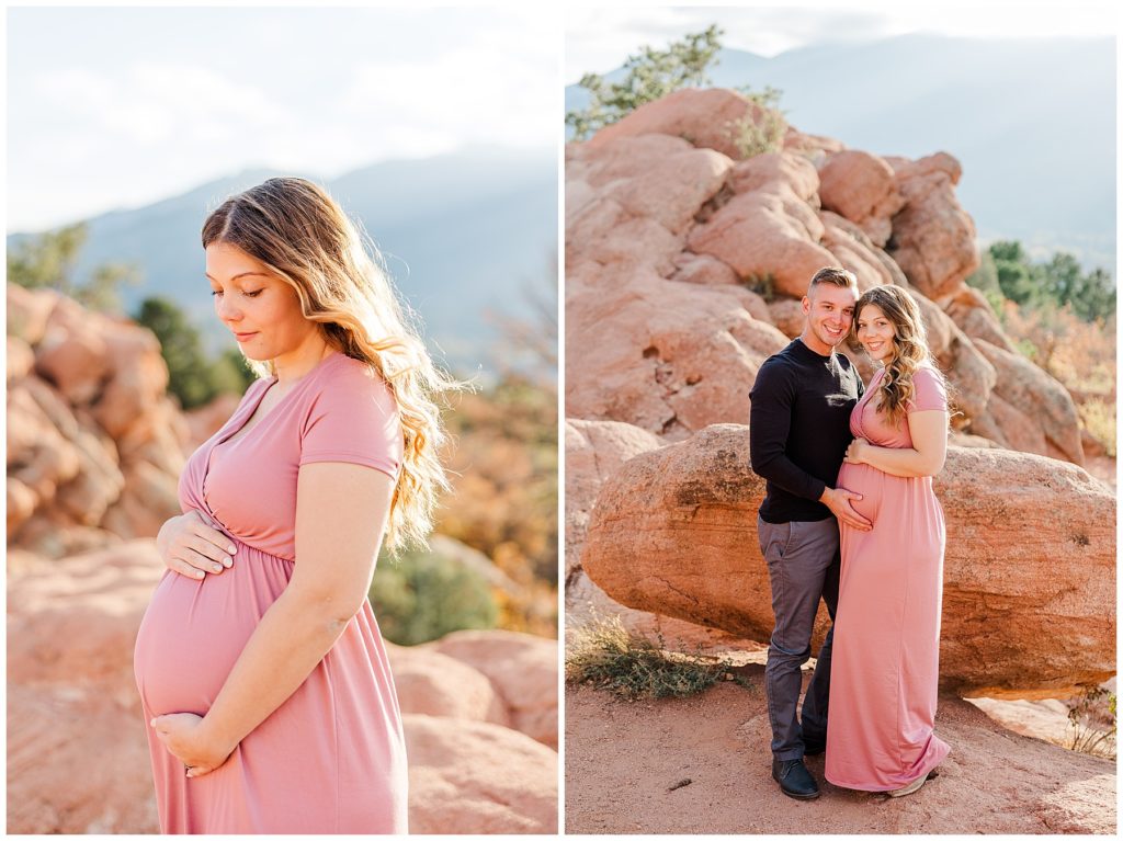 pregnant lady looks off longingly at Garden of the Gods during fall family mini sessions