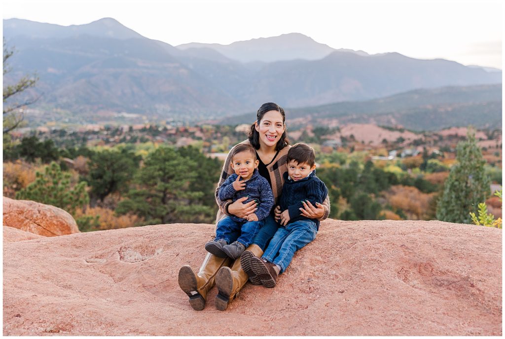 Garden of the Gods is the perfect location for fall family mini sessions with mother and sons