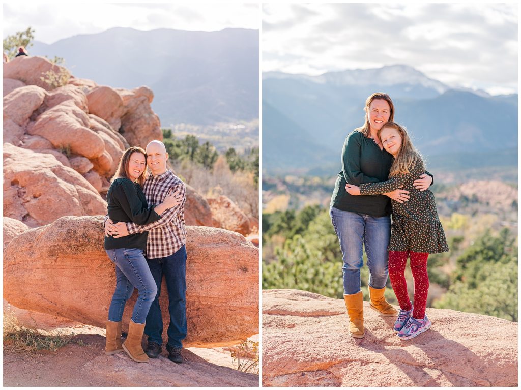 mother and daughter hug with a mountainous backdrop in Colorado Springs, CO 