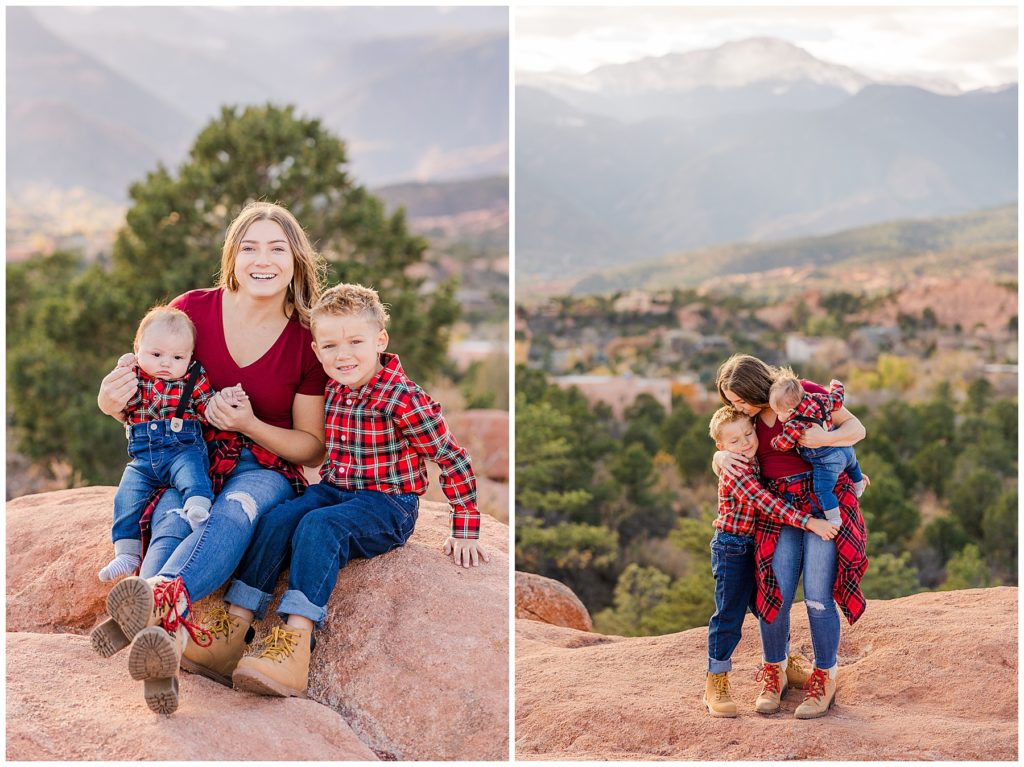 mom sits with her two young sons at Garden of the Gods fall mini sessions