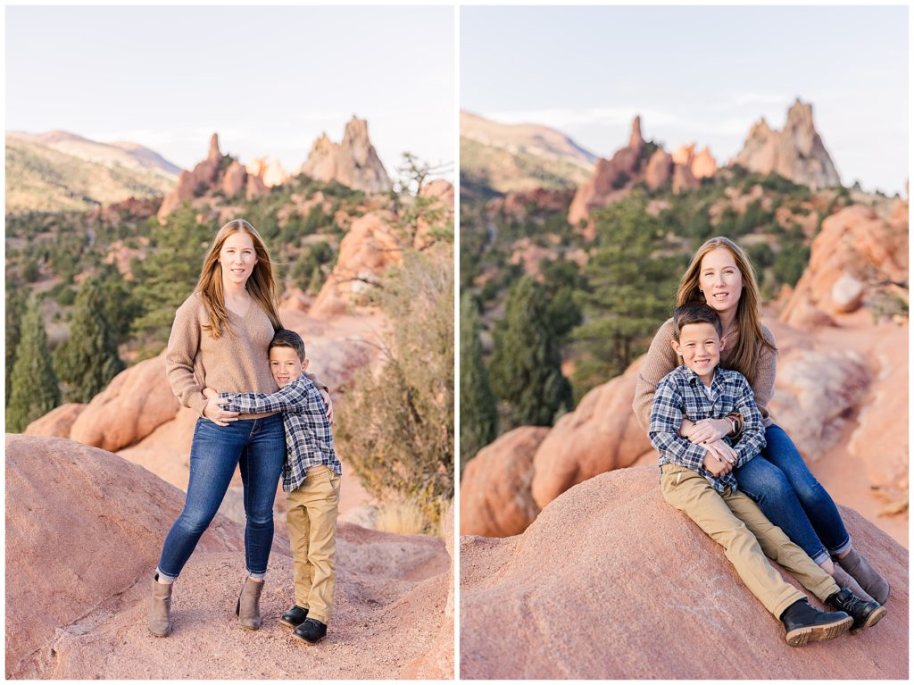 Mother and son pose with mountain background for fall family mini sessions in Northern Colorado at Garden of the Gods