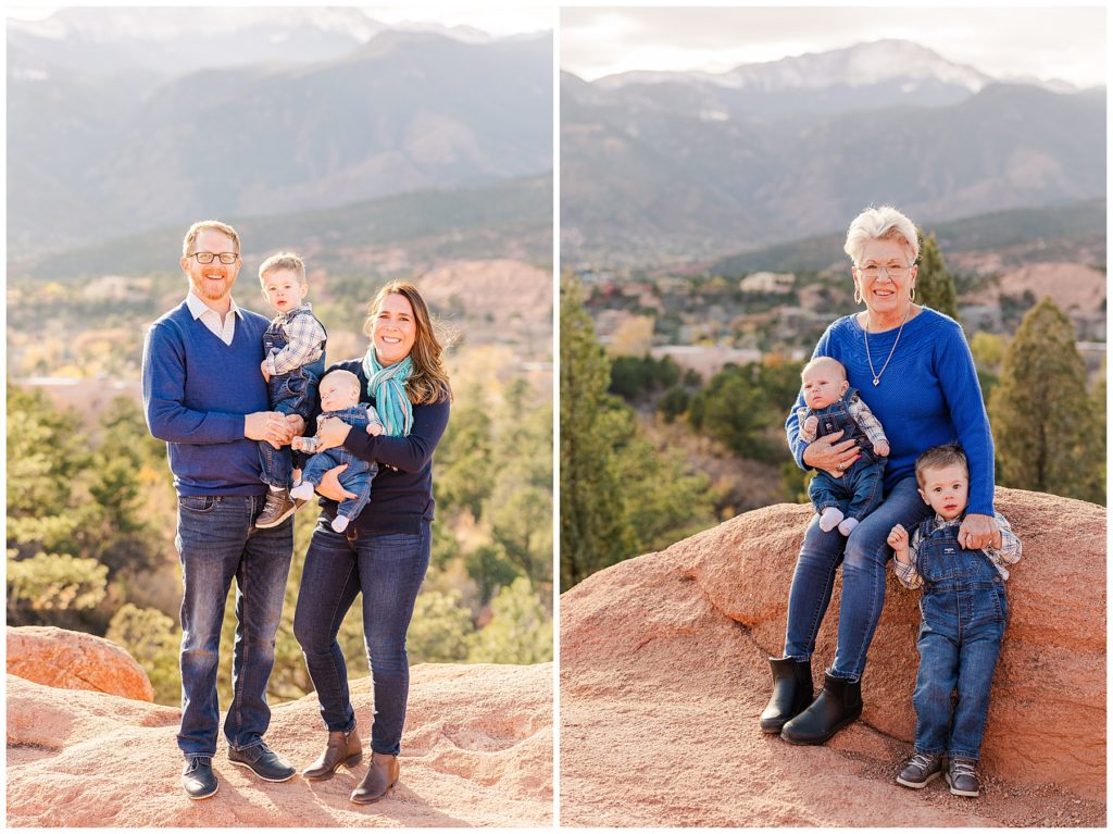 grandmother and grandsons sit on rock at Garden of the Gods mini session with Catherine Chamberlain Photography