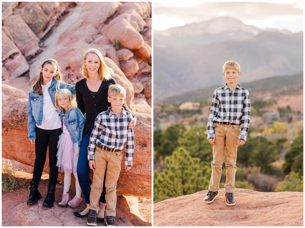 light and airy photoshoot with mother and her three children standing in front of a sandstone rock