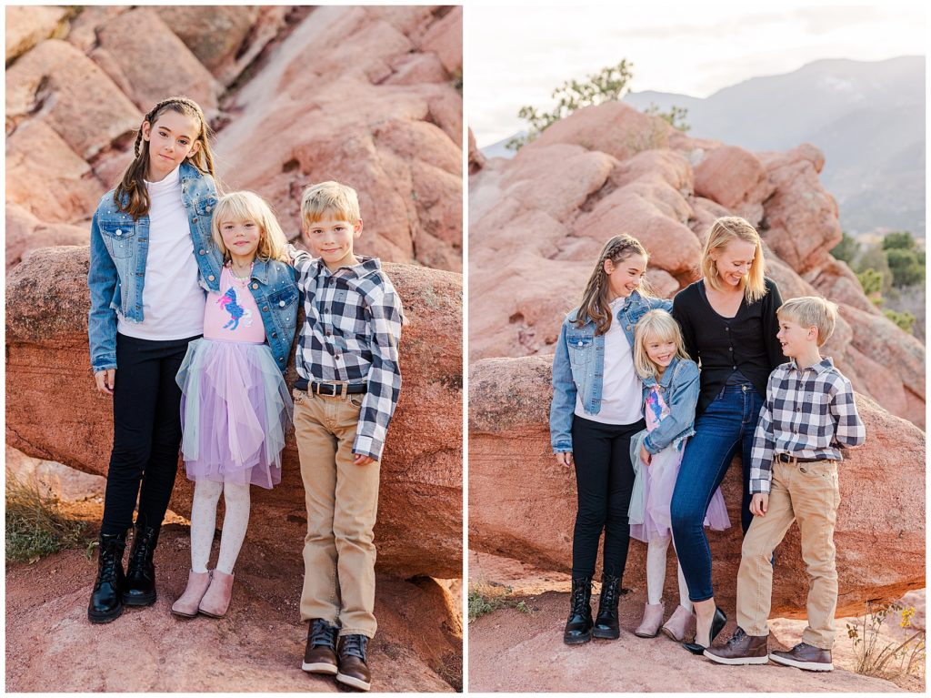 three siblings stand in front of sandstone rock formation in Northern Colorado for family session with Catherine Chamberline's Associate