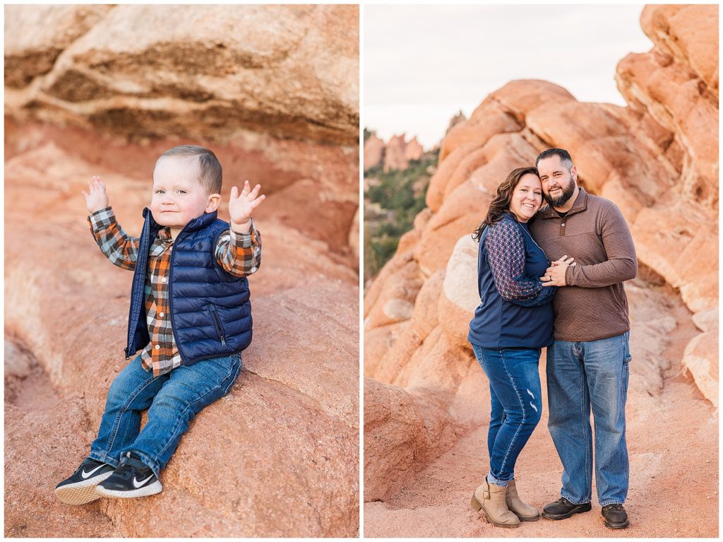 Northern Colorado family photographer captures husband and wife holding hands and standing in front of rocks in Garden of the Gods