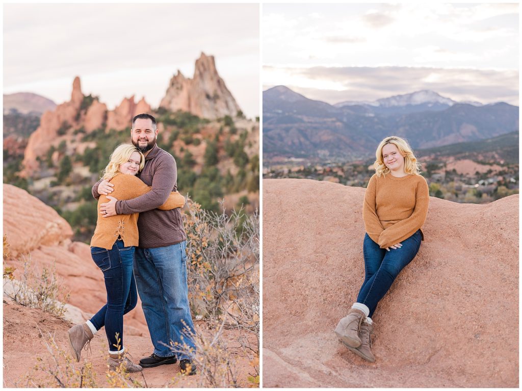 This epic location at Garden of the Gods with father and daughter hugging for family photos in Colorado Springs, CO