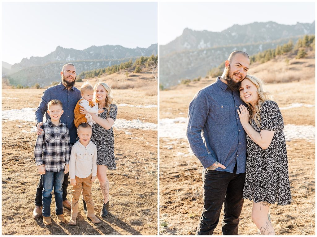 wife rests her head on her husbands chest while he stands with this hand in his pocket for fall family session photos