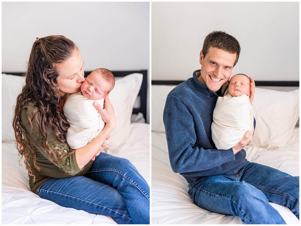 dad snuggles newborn baby during in-home photography session