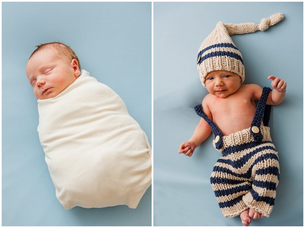 newborn poses in cute outfit of crocheted pants with suspenders and a matching hat