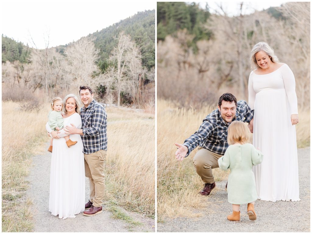 Wife stands behind her husband who has his arms open for a hug from his daughter in Boulder Colorado Family Session