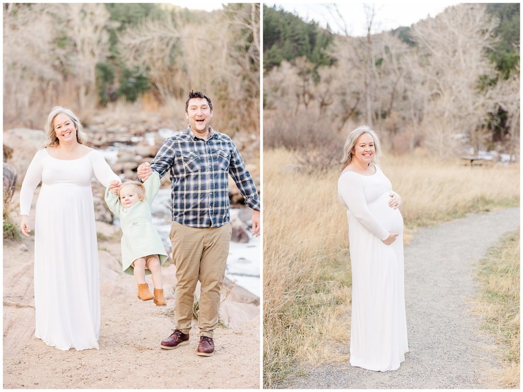 Mom and dad swing young daughter in Buckingham Park Maternity Session