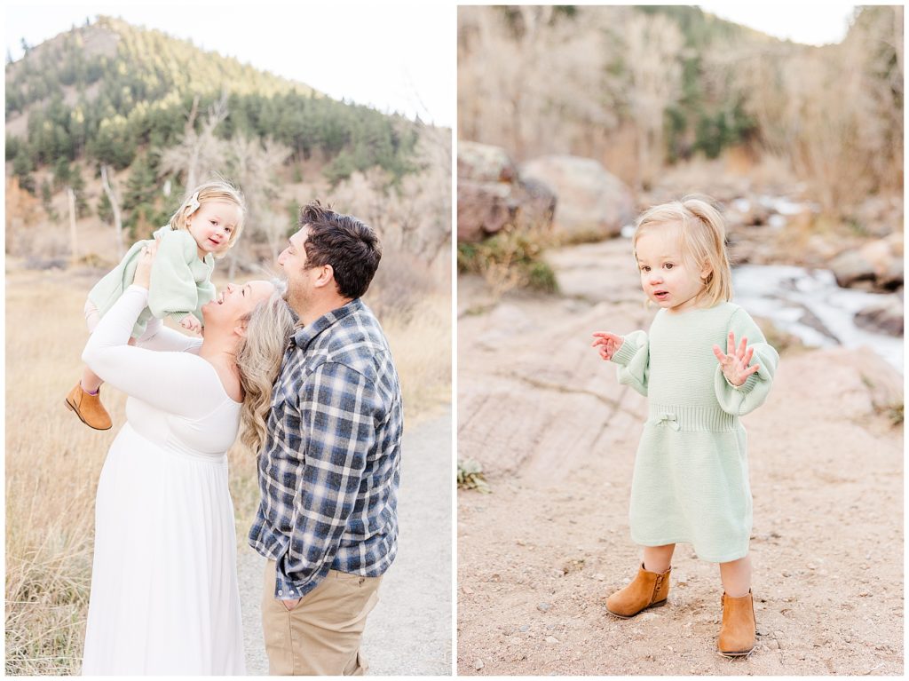 Dad looks on as mom holds little girl up in the air for Colorado outdoor maternity session