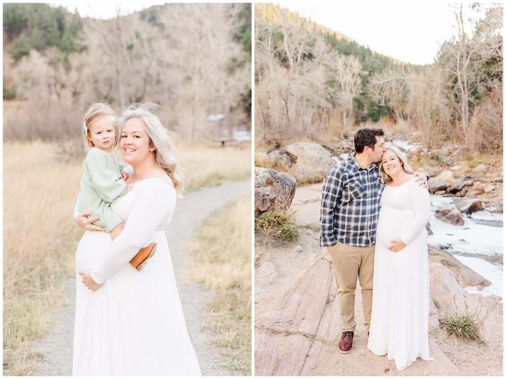 Husband tenderly kisses his pregnant wife's forehead during Colorado maternity session
