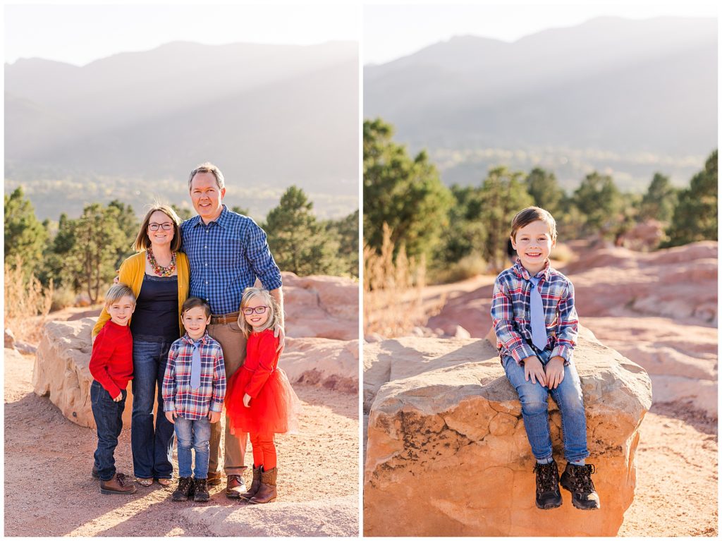 Little boy sits in a rock with his hands in his lap for fall family photos