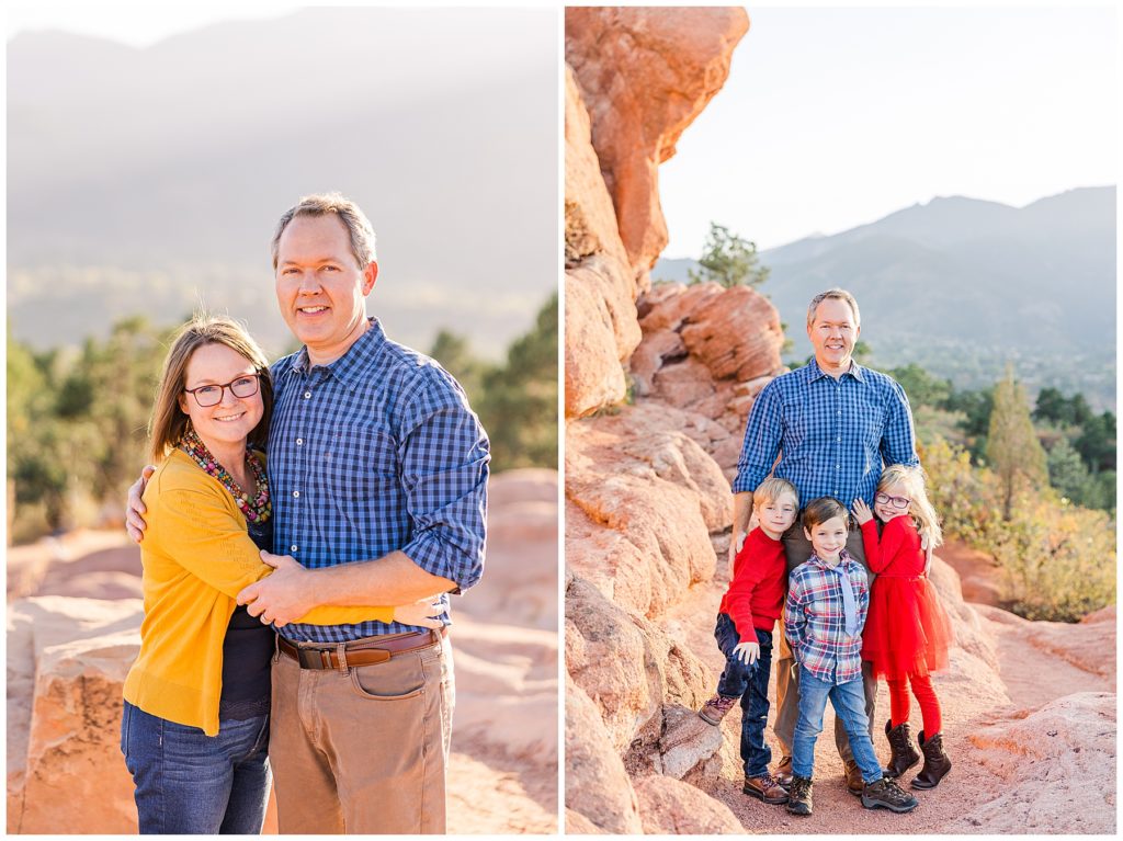 Dad hugs his three young children with a mountainous background for a family portrait session with Catherine Chamberlain Photography