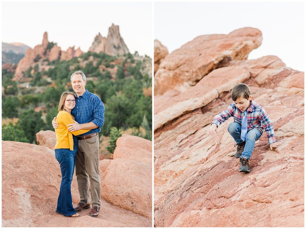 Mom and dad stand and cuddle for photos at Garden of the Gods family photos