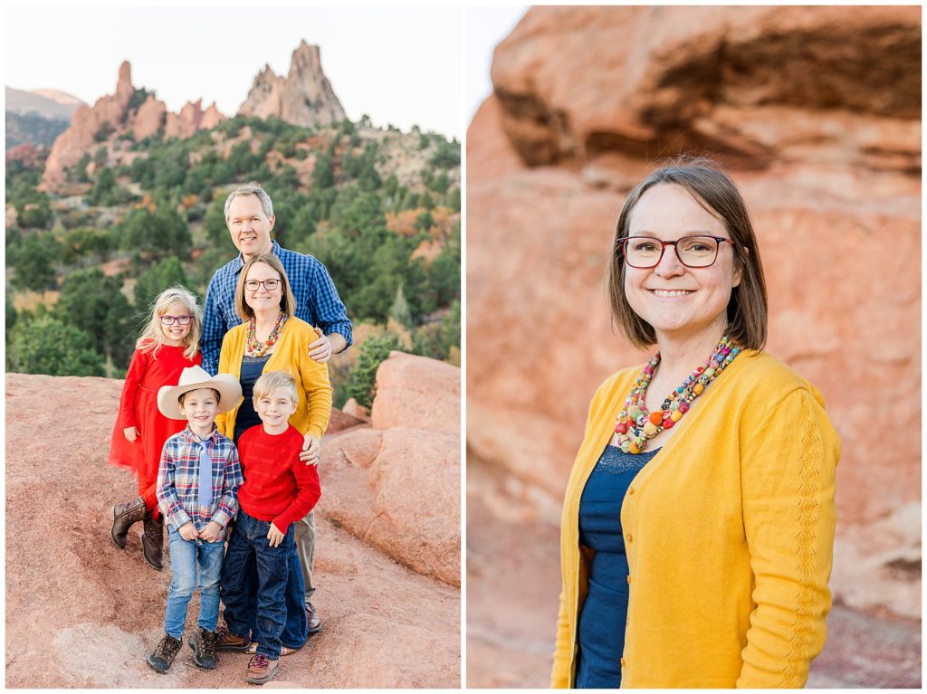 Mother and father stand with their three young children in the fall outfits for family photos at a National Park in Northern Colorado