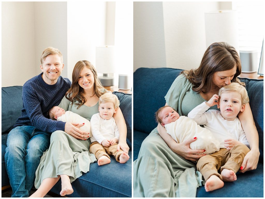 Family of four with their newborn baby look at the camera for Catherine Chamberlain Photography 