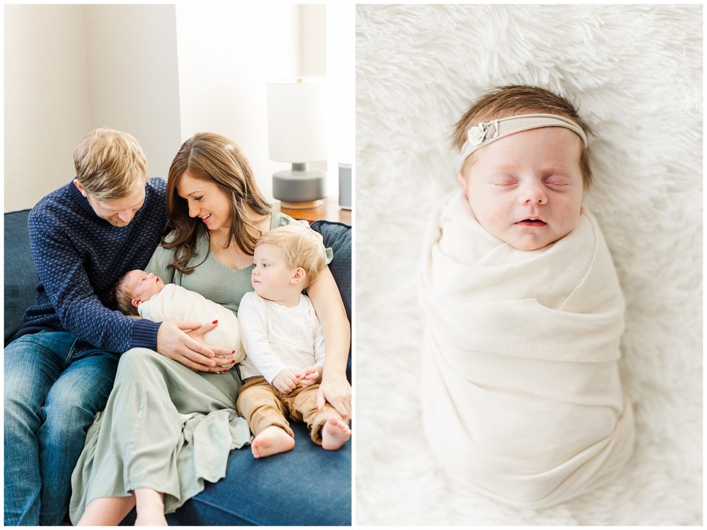 Newborn baby girl is swaddled wearing a headband in newborn photos