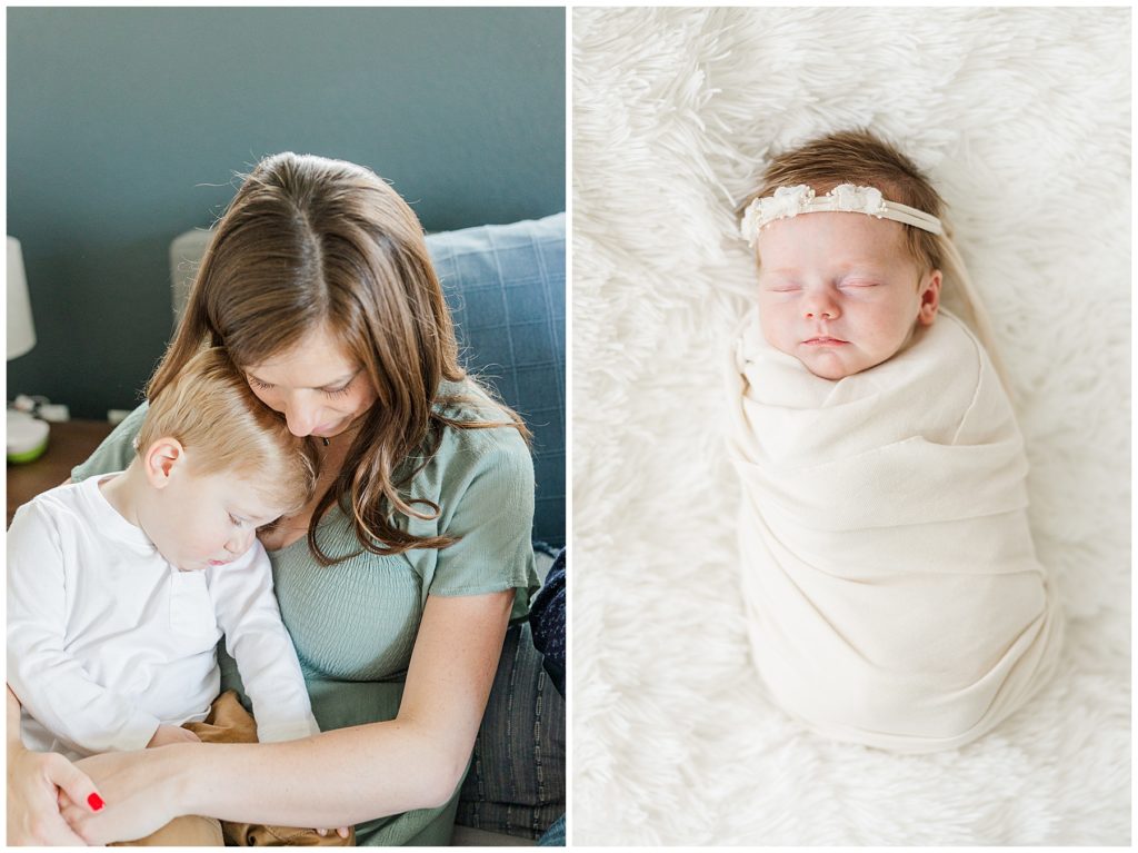 Mother and two-year old son snuggle together during Colorado newborn session in their home