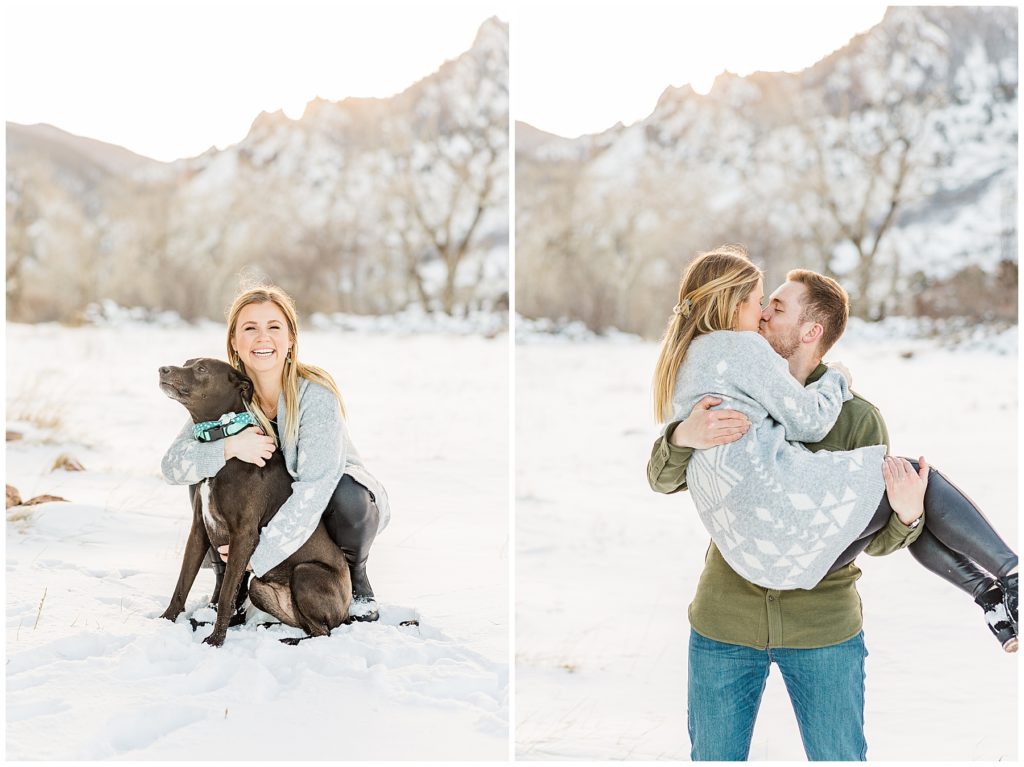 Lady hugs her dog in Boulder snowy mountain session