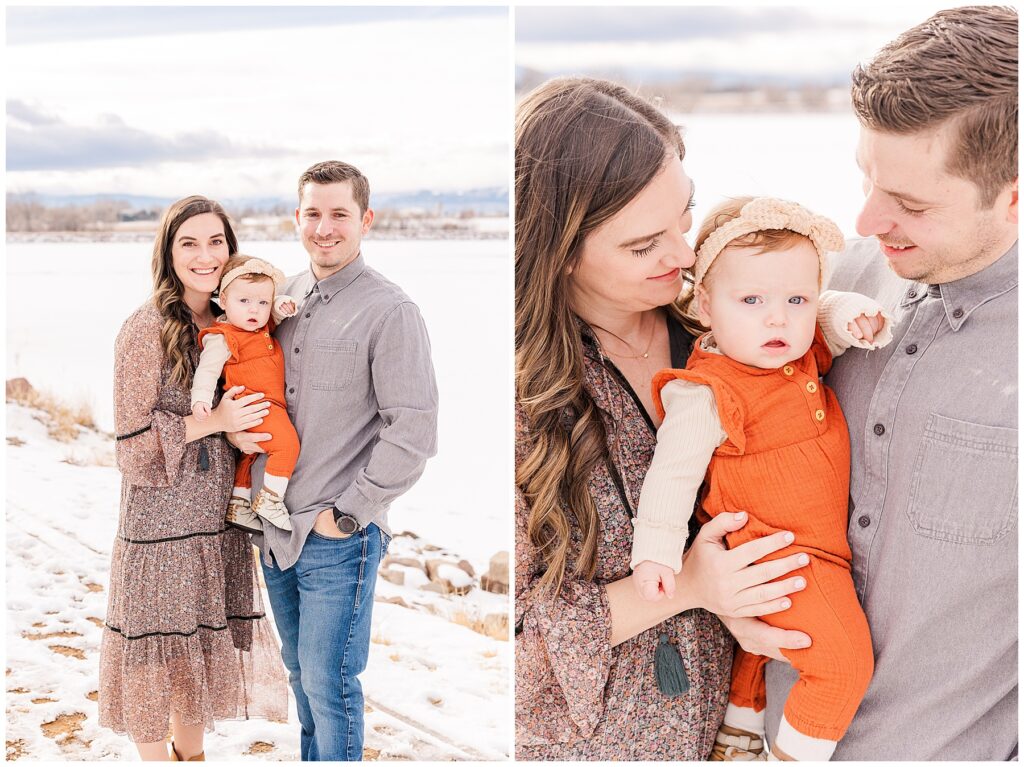 Mother, father, and their little baby girl pose for outdoor snow pictures 
