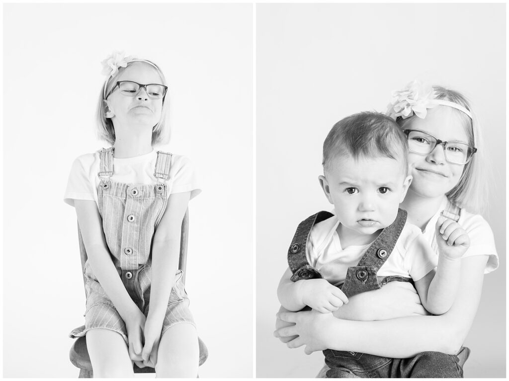 Little brother and older sister hug during personality portrait mini sessions
