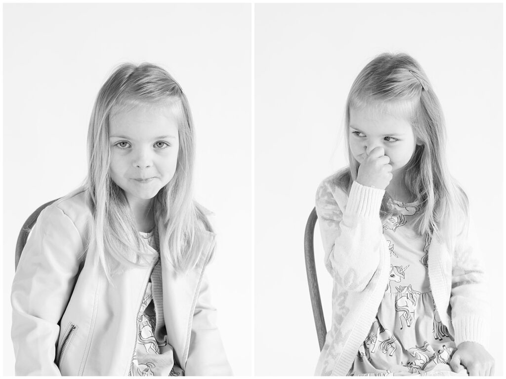 Little girls plugs her nose for fun mini session photos