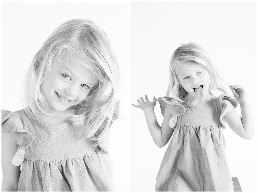 Little girl sticks her tongue out in a silly way for personality portrait mini sessions 